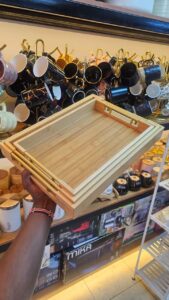 3pc bamboo serving tray set with gold handles for serving food, drinks,breakfast,and home decor organisation