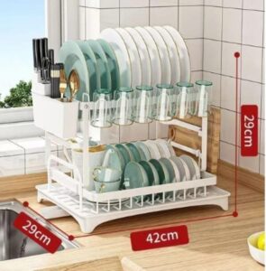 2-tier kitchen dish drying rack with cup holder,cutlery organizer,& plate storage for modern kitchens