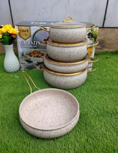 premium granite casserole cookware set with gold handles and glass lids