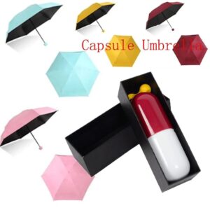 Capsule design foldable umbrella with compact portable case available in colorful styles