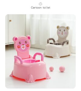 Cute bear baby potty training chair with removable bowl, side handles and anti-slip base in pink, blue and beige colors