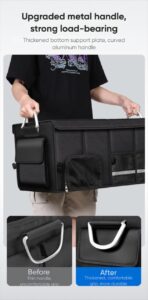 Foldable waterproof car trunk storage organizer with multiple compartments for vehicle storage.