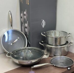 Uakeen 9-piece stainless steel cookware set with honeycomb non-stick surface, glass lids, casserole pots, wok, deep fry pan and pizza pan.