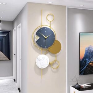 Luxury modern decorative wall clock with gold frame, black clock face, and marble-inspired accent, measuring 38x78cm