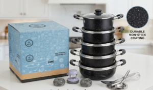 10-piece granite non-stick cookware set with tempered glass lids and heat-resistant accessories.