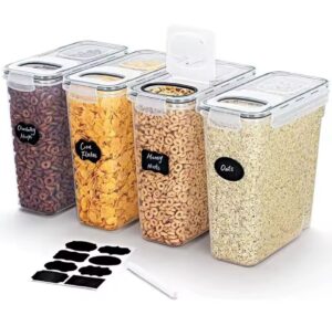 4-piece airtight food storage container set with clear stackable BPA-free pantry containers for storing rice, flour, cereals, pasta, beans, nuts and dry foods.