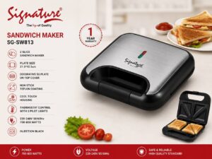 Signature 2-in-1 Sandwich Maker 800W with non-stick Teflon plates and stainless steel top cover (SG-SW-813)