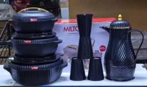 Milton Pearl 8PCS insulated hot pot combo set with 3 hot pots, 4 tumblers and 1 litre flask in black, grey,white