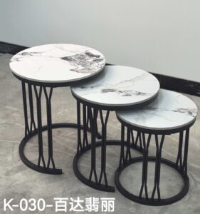 Luxury 3-in-1 pure marble nesting coffee table set with white marble tabletops and black metal frames for modern living rooms